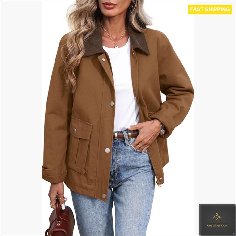 Oversized Quilted Barn Jacket with Corduroy Collar and Utility Pockets